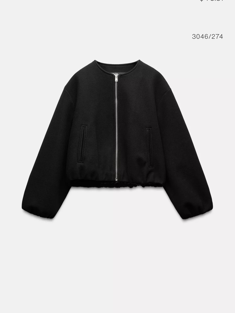 Zara Black Cropped Bomber Jacket with Front Zip